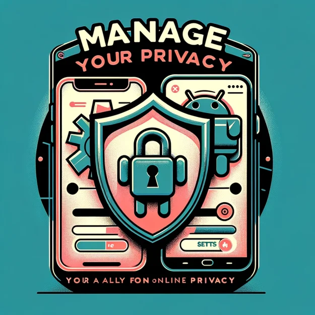 An illustrative representation of managing privacy on both iPhone and Android devices, featuring respective settings icons and a central shield with a lock symbol, indicating the protection of privacy settings.
