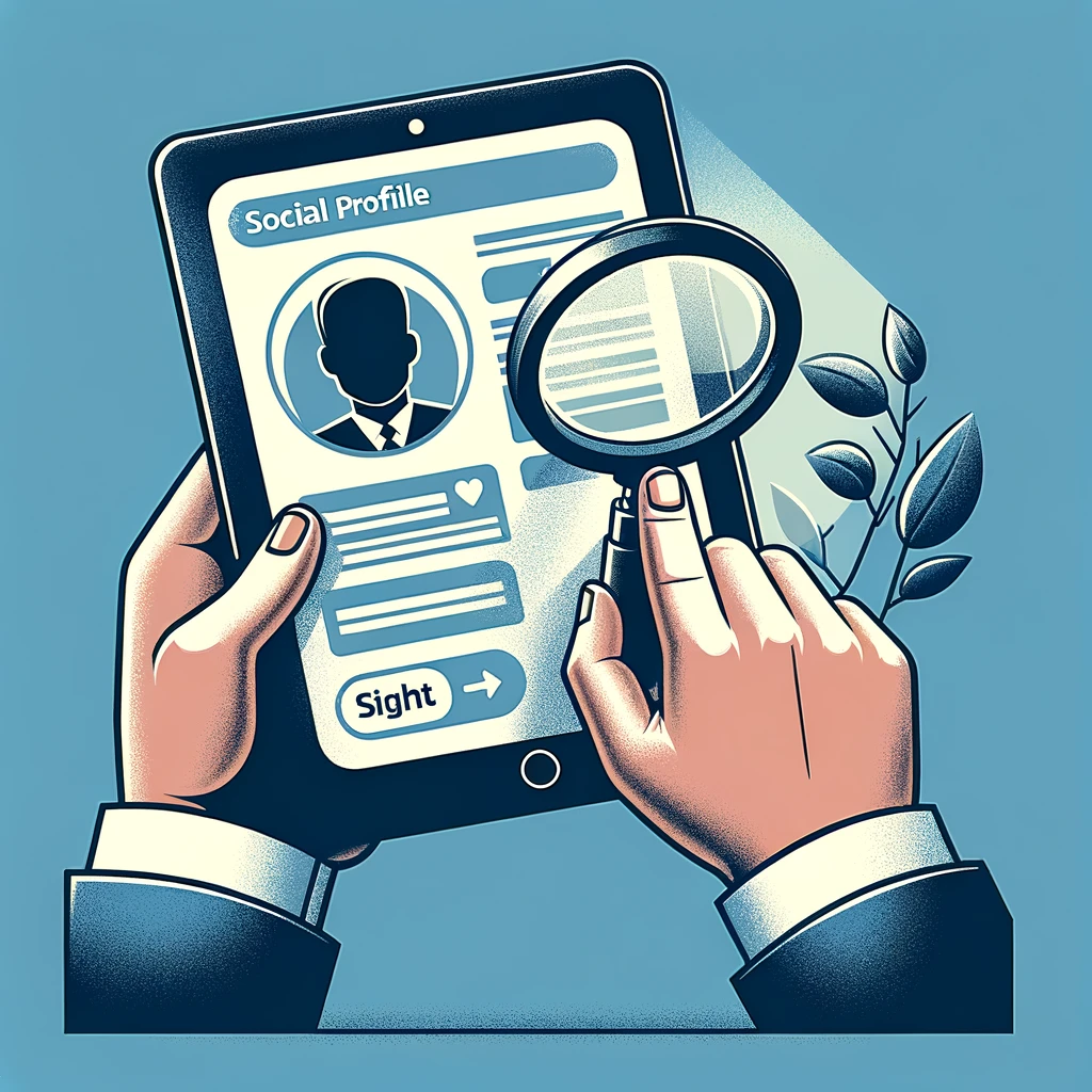 Hands holding a tablet displaying a social media profile while a magnifying glass closely examines the details, symbolizing a careful review of online presence.