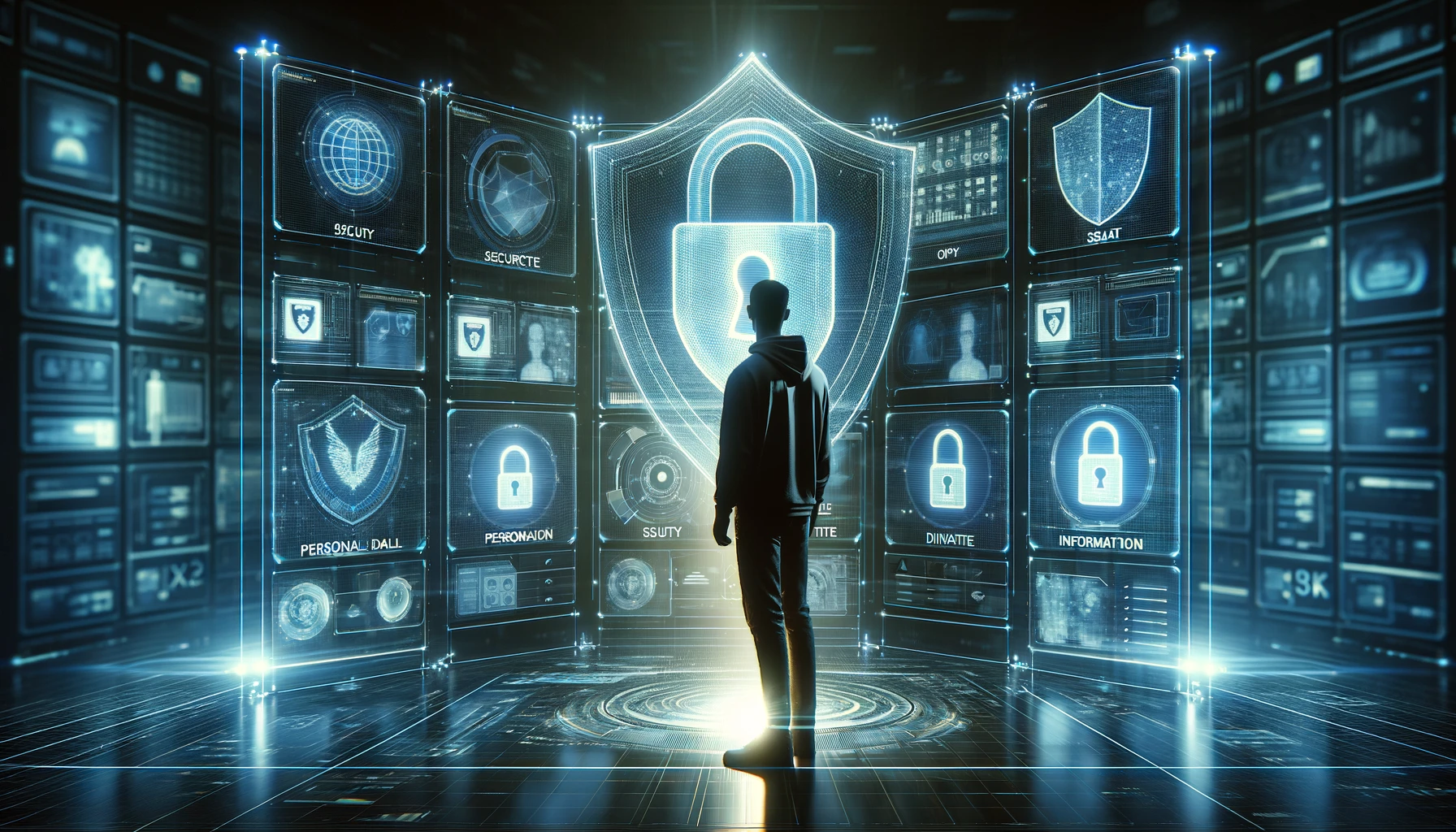 Silhouette of a person in front of a digital wall displaying protected personal data.