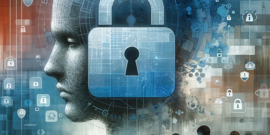 Illustration of a digital landscape featuring a transparent padlock partially covering a contemplative human face, with faint outlines of people using digital devices in the background. The image uses a color palette of soft blues and grays.
