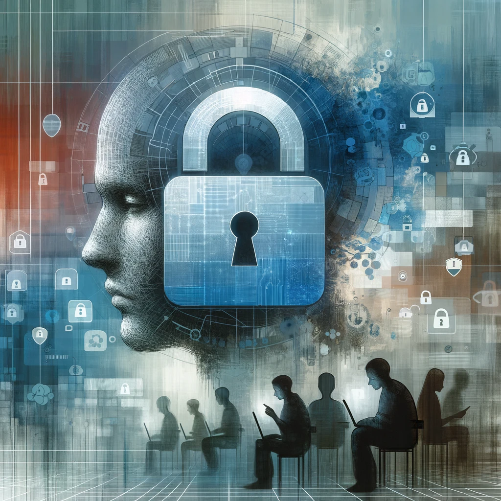 Illustration of a digital landscape featuring a transparent padlock partially covering a contemplative human face, with faint outlines of people using digital devices in the background. The image uses a color palette of soft blues and grays.