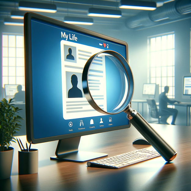 A magnifying glass over a computer screen displaying a profile page, in a modern office setting.