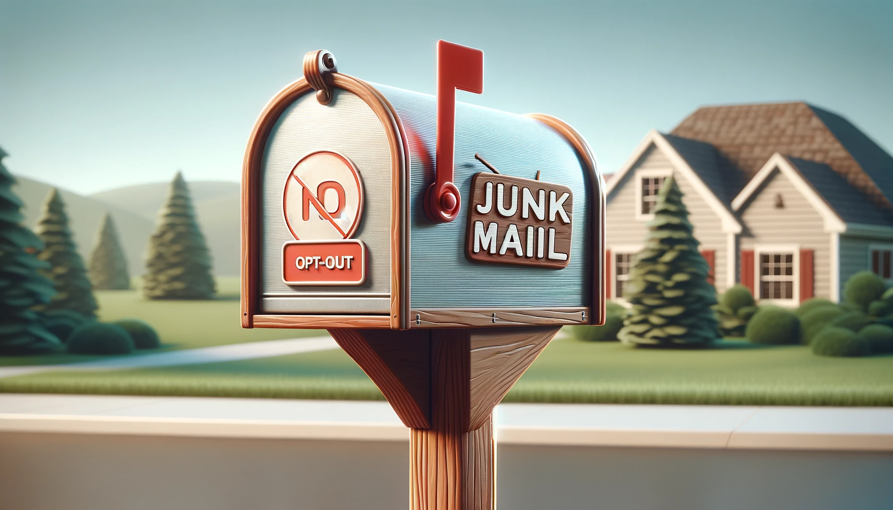 Closed mailbox with a 'No Junk Mail' sign in a suburban setting.