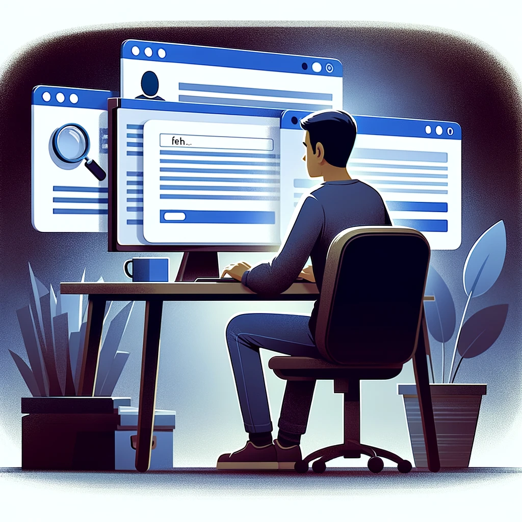 A person conducting an online search for personal information on a computer in a home office setting.