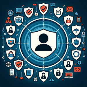 Shield icons protecting a user’s digital profile.