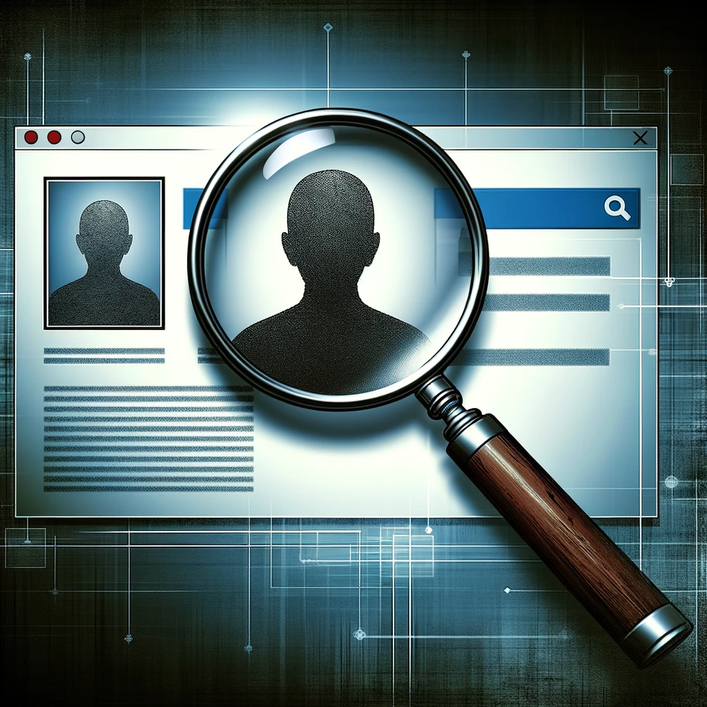 A magnifying glass over a computer screen showing a user profile.