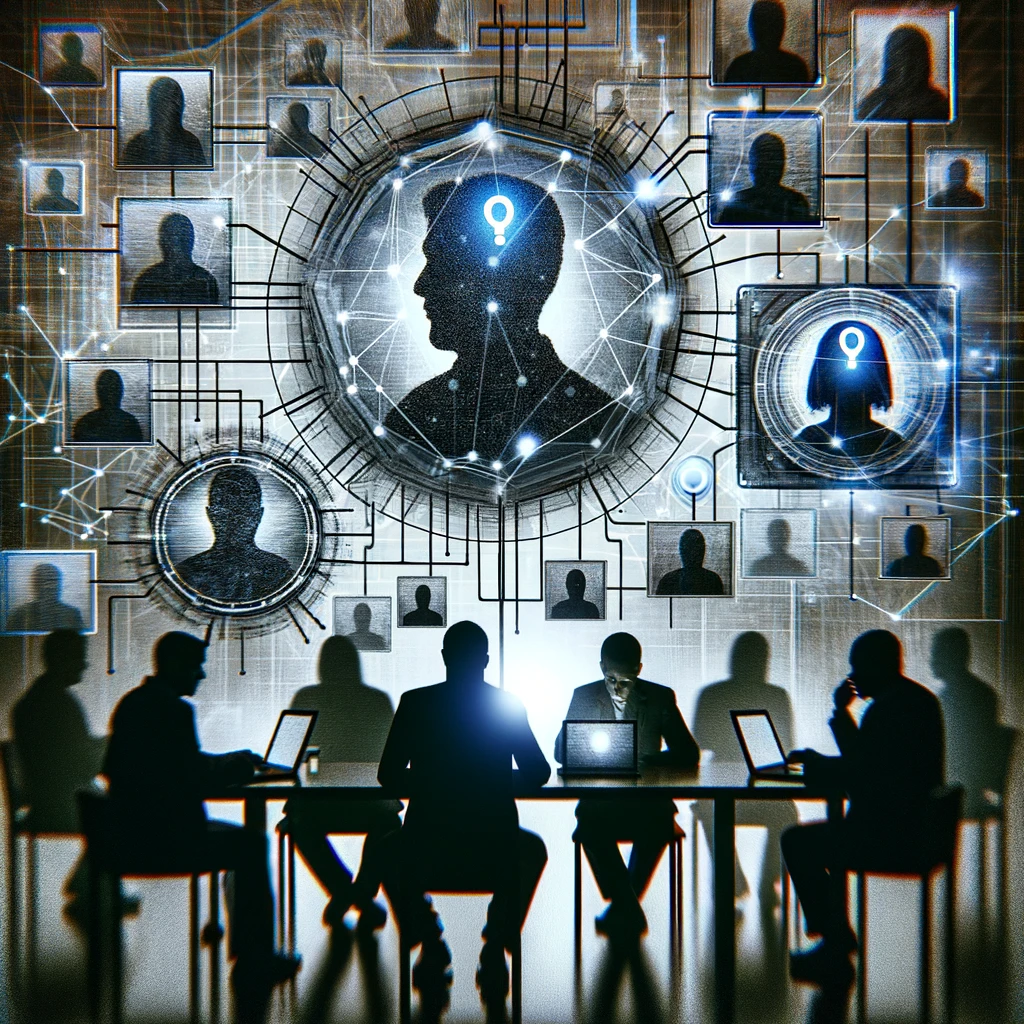 Abstract digital collage representing data brokers and personal information exchange.