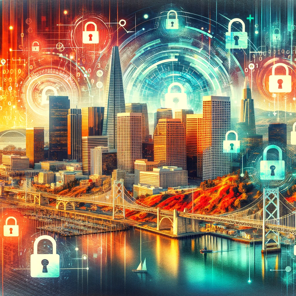 Collage of California cities with digital privacy symbols.