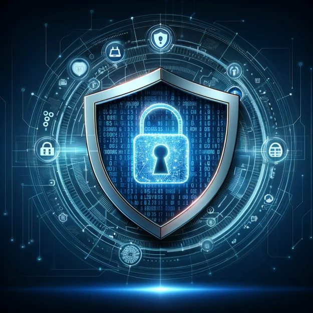 An illustration of a digital privacy shield, featuring a central lock icon encircled by digital code patterns, set against a gradient background transitioning from dark blue to light blue, symbolizing advanced online security and data protection.