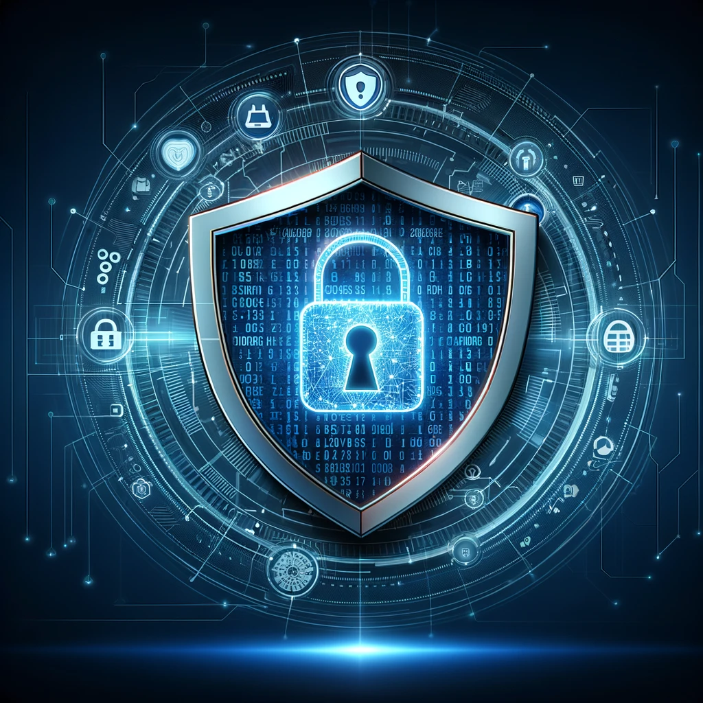 An illustration of a digital privacy shield, featuring a central lock icon encircled by digital code patterns, set against a gradient background transitioning from dark blue to light blue, symbolizing advanced online security and data protection.