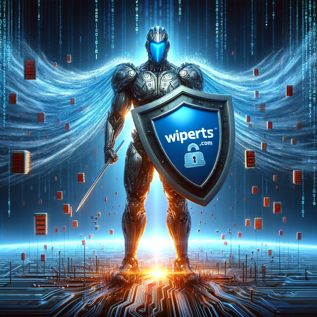A digital guardian clad in armor stands with a shield bearing the Wiperts.com logo, repelling a barrage of binary code in a vibrant cyberspace.