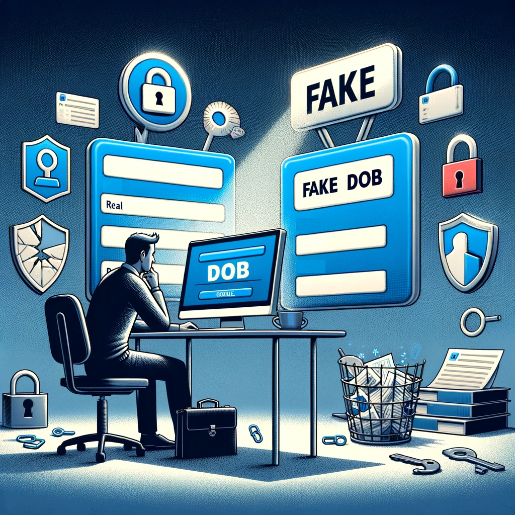 A person contemplating whether to enter a real or fake DOB on a website, with symbols of online security and data breaches in the background. Caption: Weighing the decision to protect personal data in the digital world.