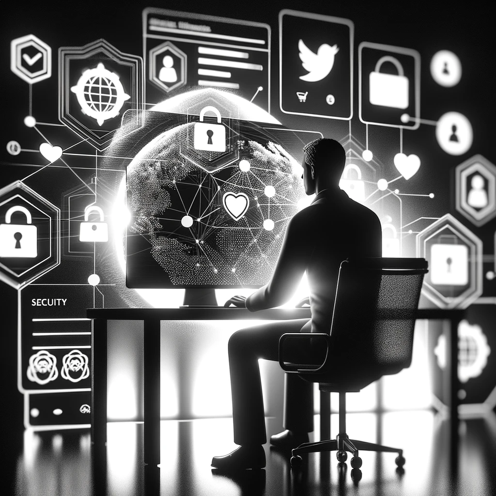 A person sitting at a computer, adjusting their social media privacy settings, surrounded by symbols of security and digital footprint management, in a black and white, glossy image.