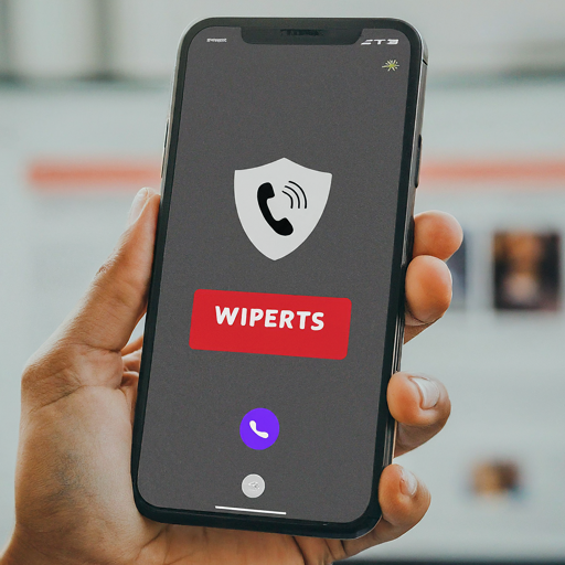 Hand holding a smartphone with the Wiperts app interface prominently displayed, featuring a security shield icon and the Wiperts logo.