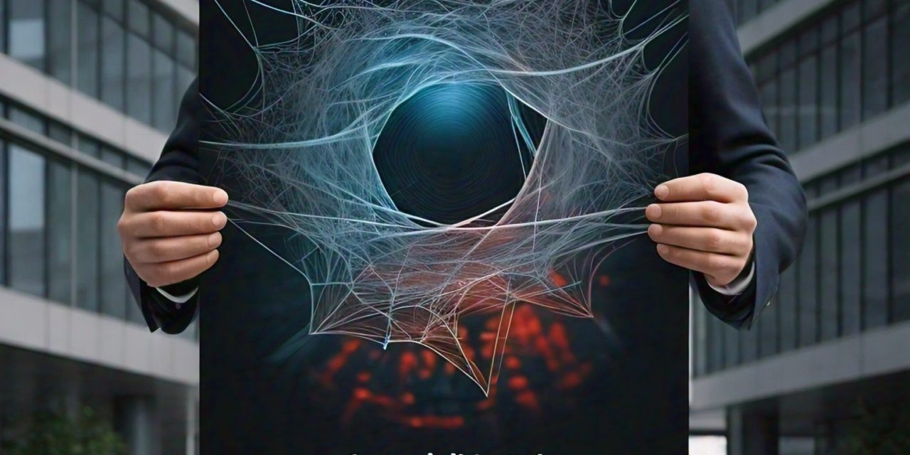 The Invisible Web Why Your Personal Data Demands Protection A businessperson holds a poster depicting a digital black hole surrounded by a complex web, symbolizing the hidden dangers in the digital world with text 'The Invisible Web: Why Your Personal Data Demands Protection.