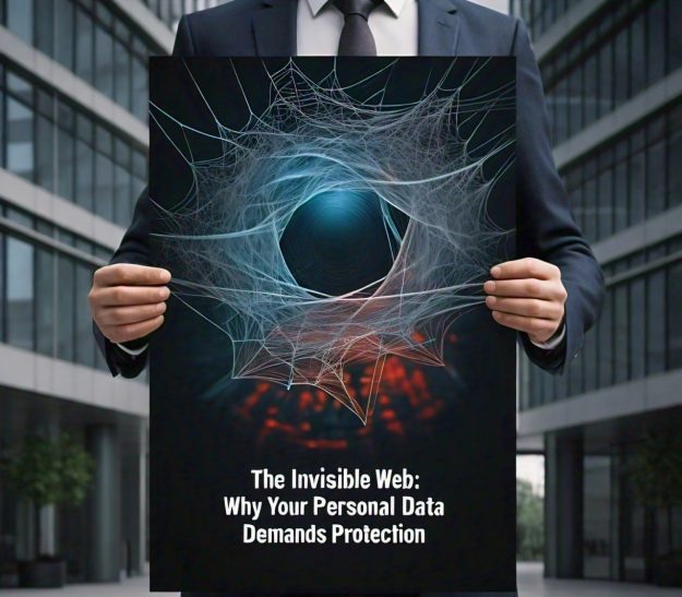 A businessperson holds a poster depicting a digital black hole surrounded by a complex web, symbolizing the hidden dangers in the digital world with text 'The Invisible Web: Why Your Personal Data Demands Protection.