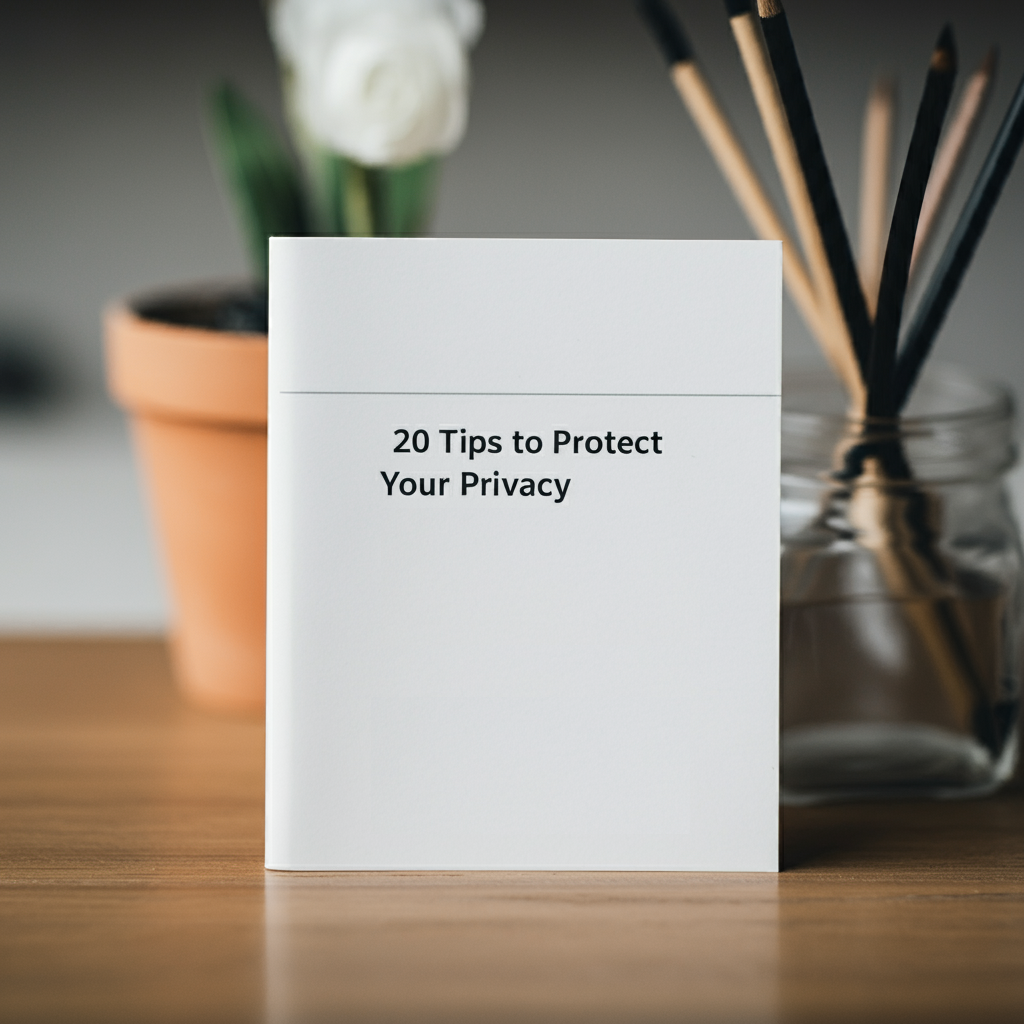 A booklet titled "20 Tips to Protect Your Privacy" displayed on a wooden desk with a potted plant and pencils in the background.