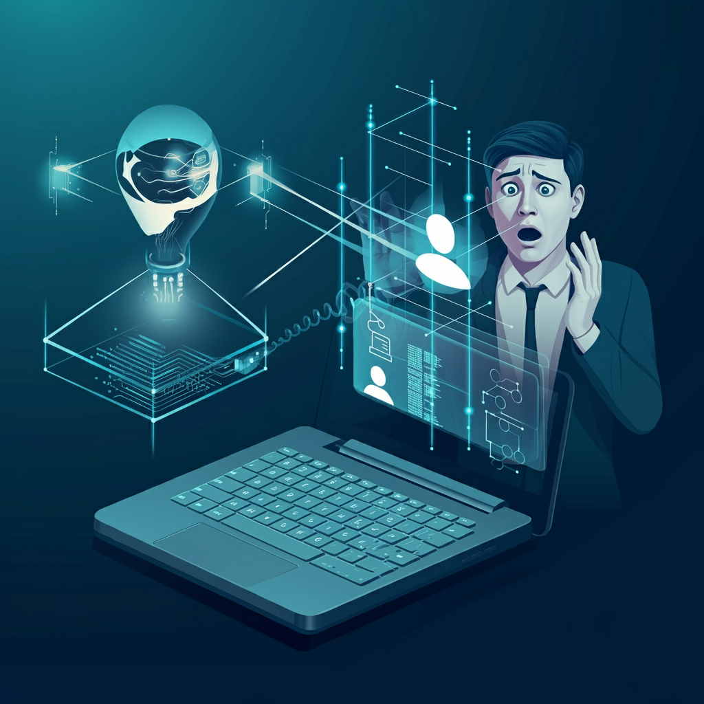 Illustration of a surprised individual observing data extraction from a laptop, symbolizing attribute inference attacks revealing sensitive information through advanced AI and data analytics.