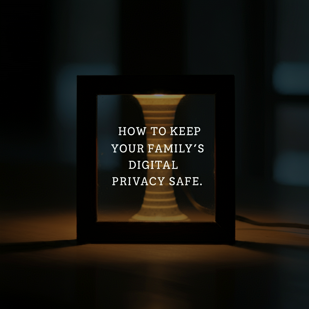 A softly lit display with the text "How to Keep Your Family’s Digital Privacy Safe," symbolizing the importance of protecting family data in the digital world.
