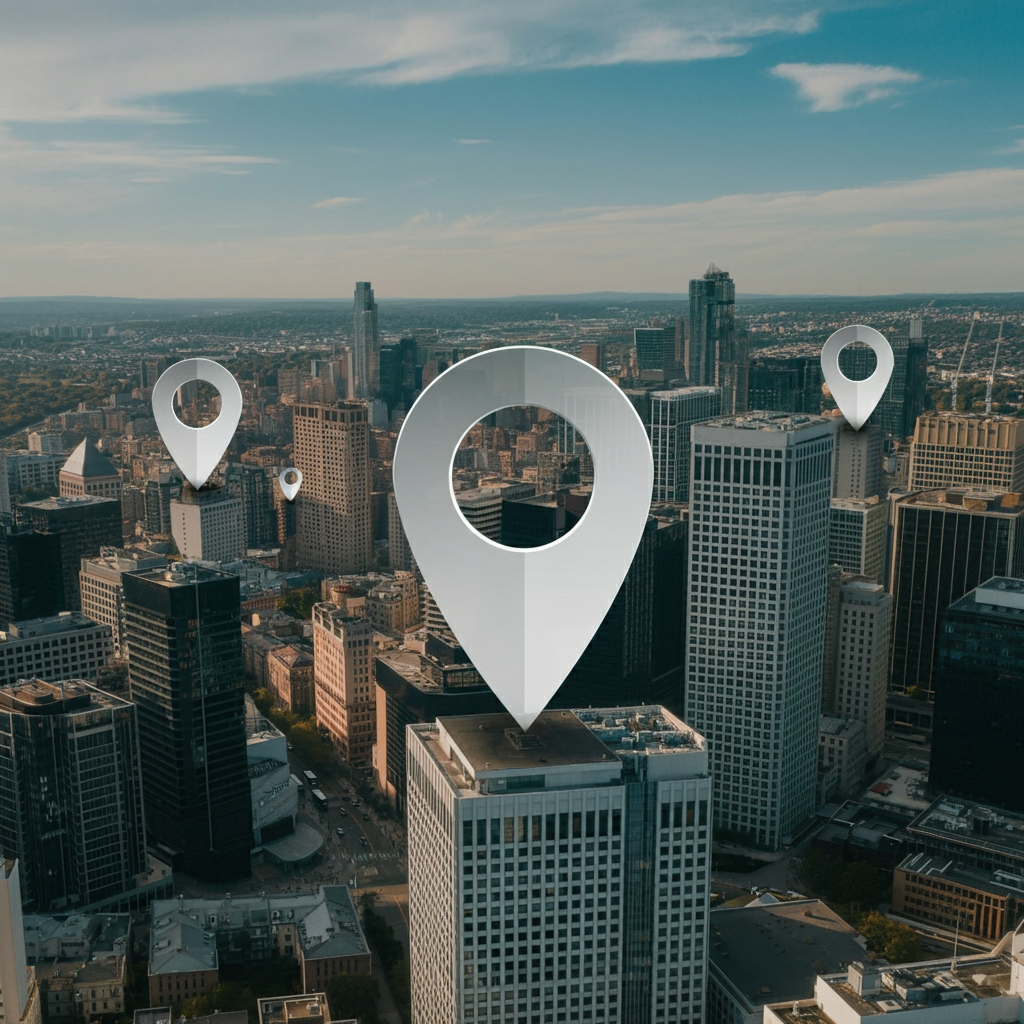 A cityscape with large location pins symbolizing digital tracking and the importance of protecting location privacy.