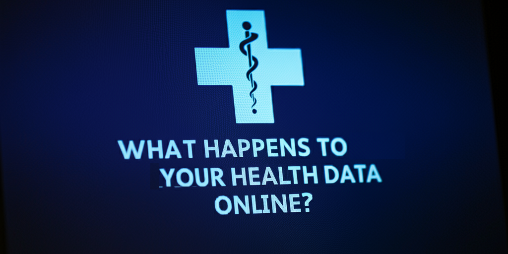 A digital screen displaying the question "What happens to your health data online?" with a medical cross and caduceus symbol, emphasizing health data privacy.
