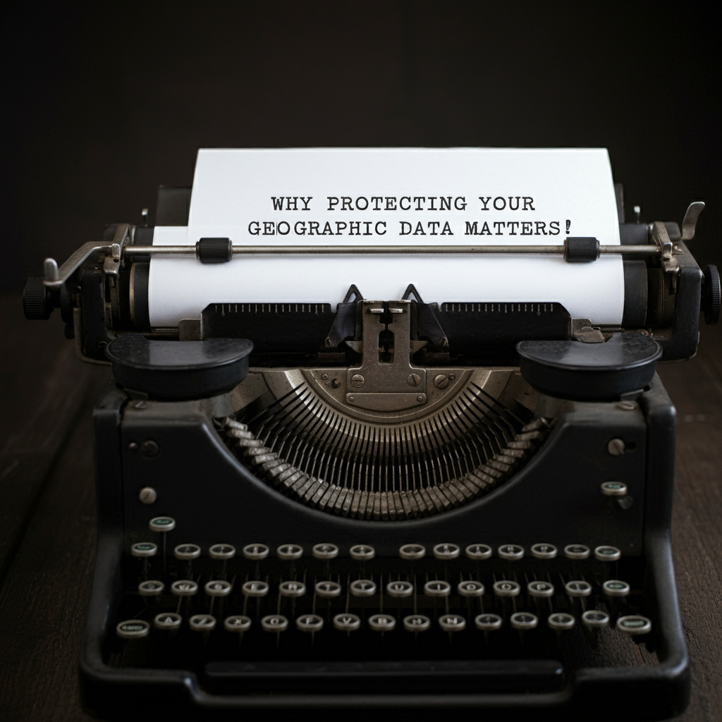 A vintage typewriter with a paper that reads "Why Protecting Your Geographic Data Matters," symbolizing the importance of geographic data privacy.