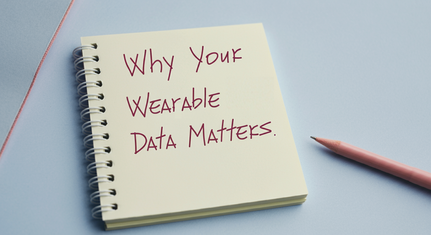A notebook with "Why Your Wearable Data Matters" written on it, next to a pink pencil, emphasizing the importance of understanding wearable data privacy.