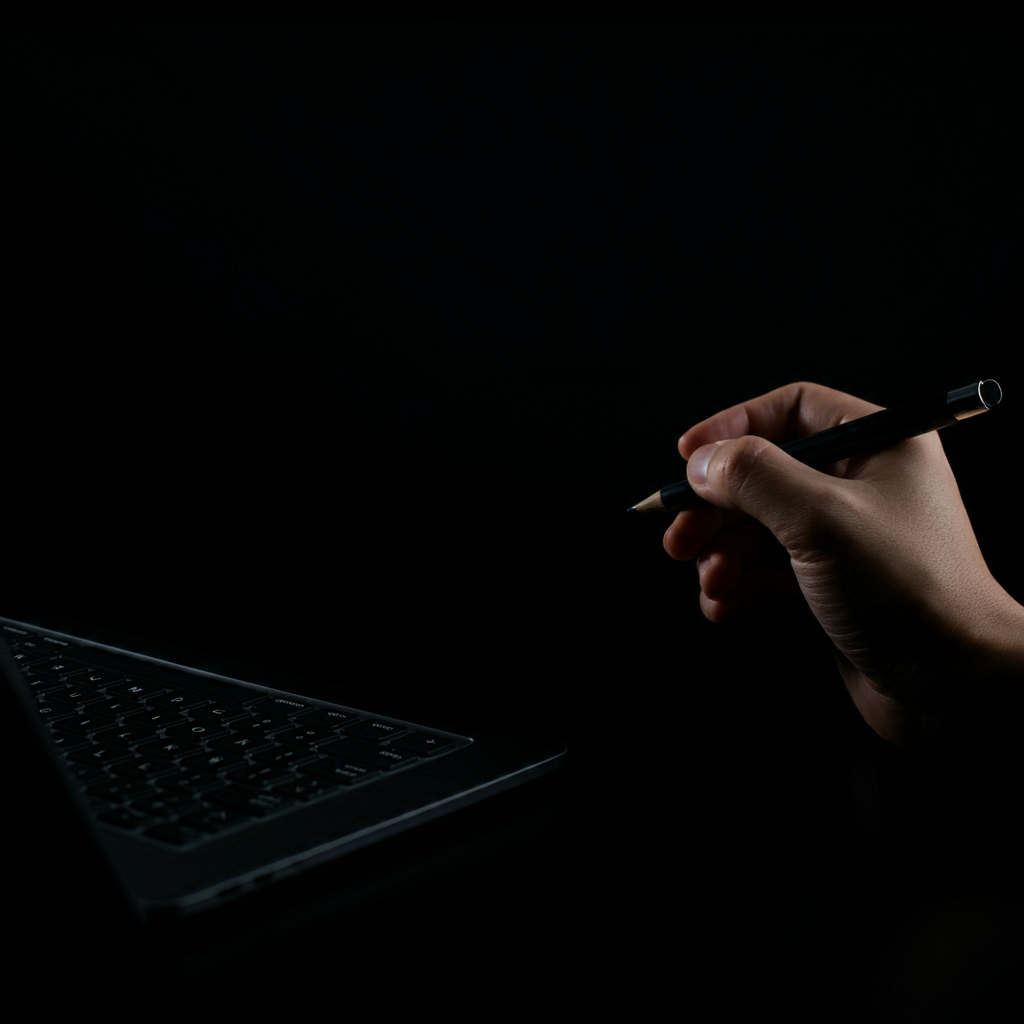 A hand holding a pen next to a laptop in a dark setting, symbolizing the risks of personal data exposure through event logs.