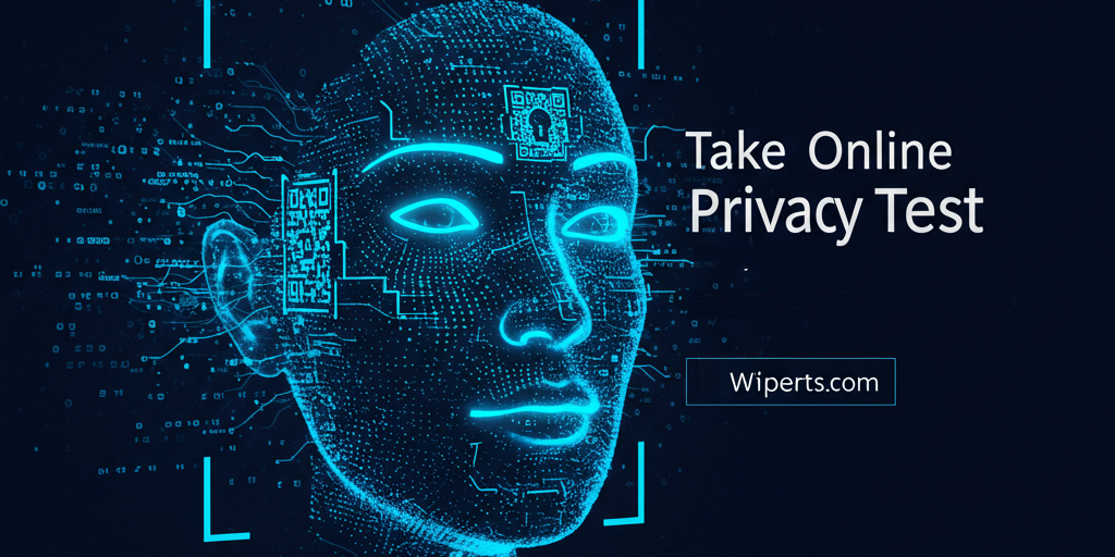 A digital face with glowing blue circuits and QR codes, representing online privacy and data security, with the text "Take Online Privacy Test" and Wiperts.com branding.