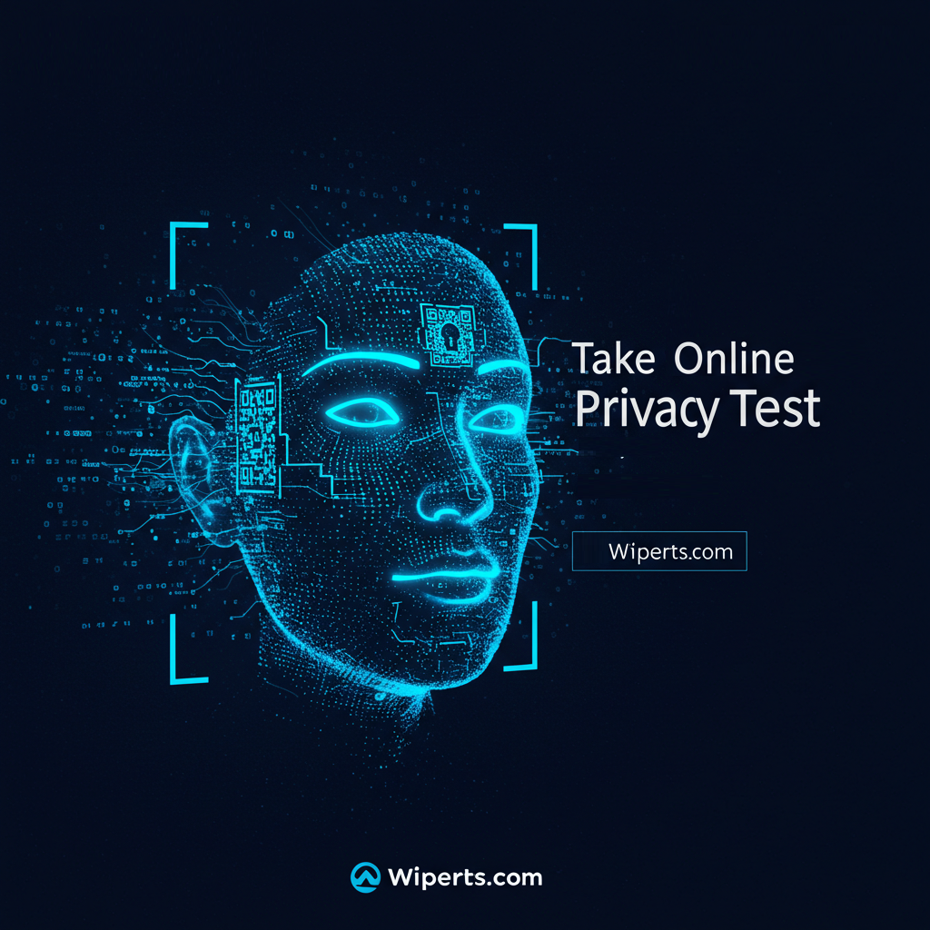 A digital face with glowing blue circuits and QR codes, representing online privacy and data security, with the text "Take Online Privacy Test" and Wiperts.com branding.